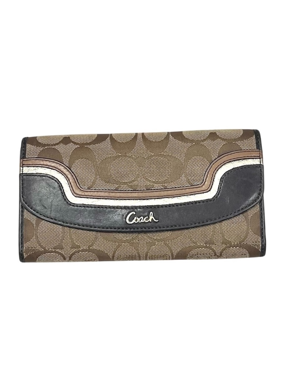 Coach Signature Monogram Canvas Leather Ashley Trifold Wallet Khaki Brown Gold